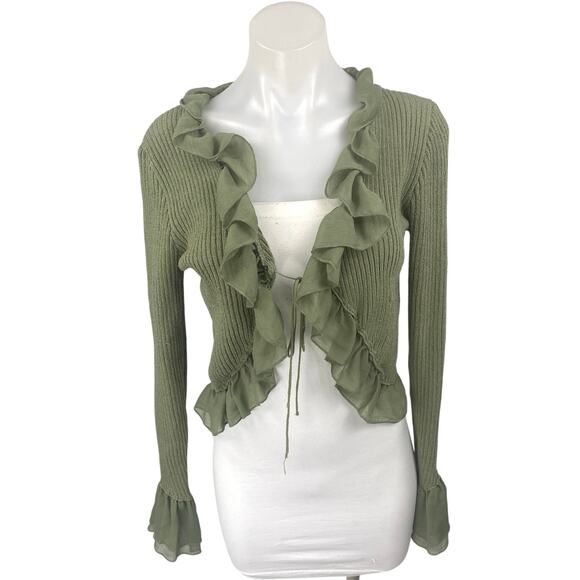 Zara Green Ruffle Flounce Long Sleeve Ribbed Knit Tie Cardigan Crop Top Size M - Picture 1 of 6